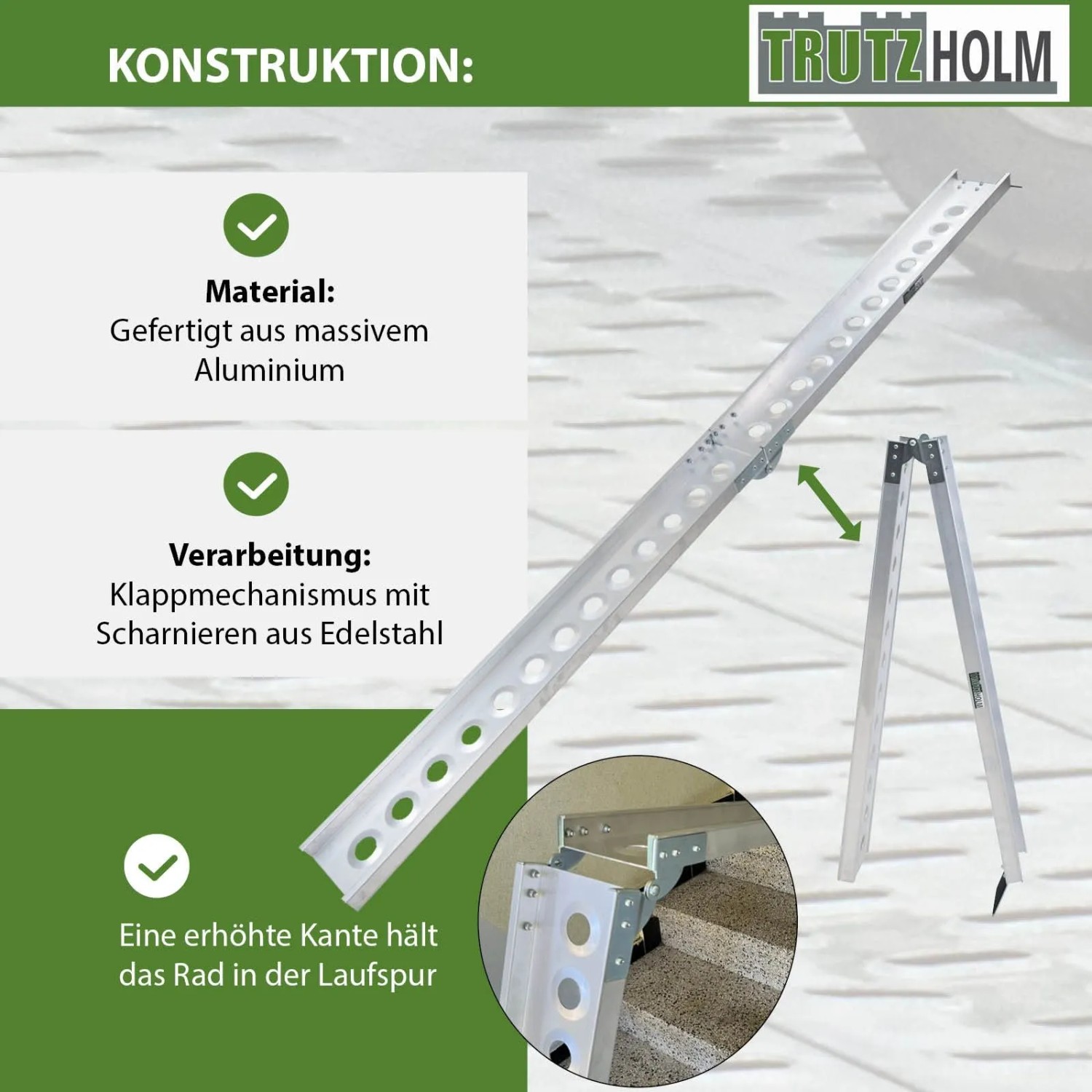 TRUTZHOLM klappbare Auffahrschiene aus Aluminium, 240 cm lang, Tragkraft 50 kg.
