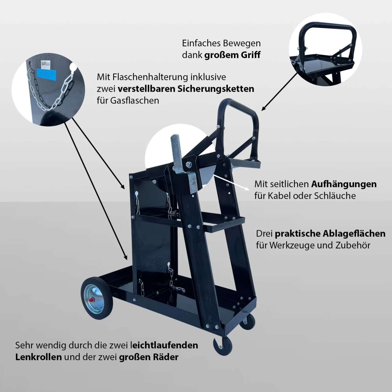 Mobiler Schweißwagen TRUTZHOLM mit 3 Ablagen und Gasflaschenhalterung bis 80 kg.