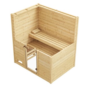 Weka Massivholzsauna Valida 2 Sparset, naturbelassen, mit Glastür und Liegen.