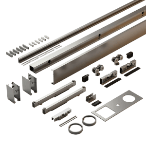 Doorlegro Schiebetürbeschlag EasySlide 65 Edelstahloptik, Set mit Laufschiene, Blende, Dämpfer, Beschlägen und Zubehör.
