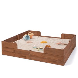 Kakaobrauner MUDDY BUDDY Sandkasten Safari Seeker mit Spielzeug im Sand.