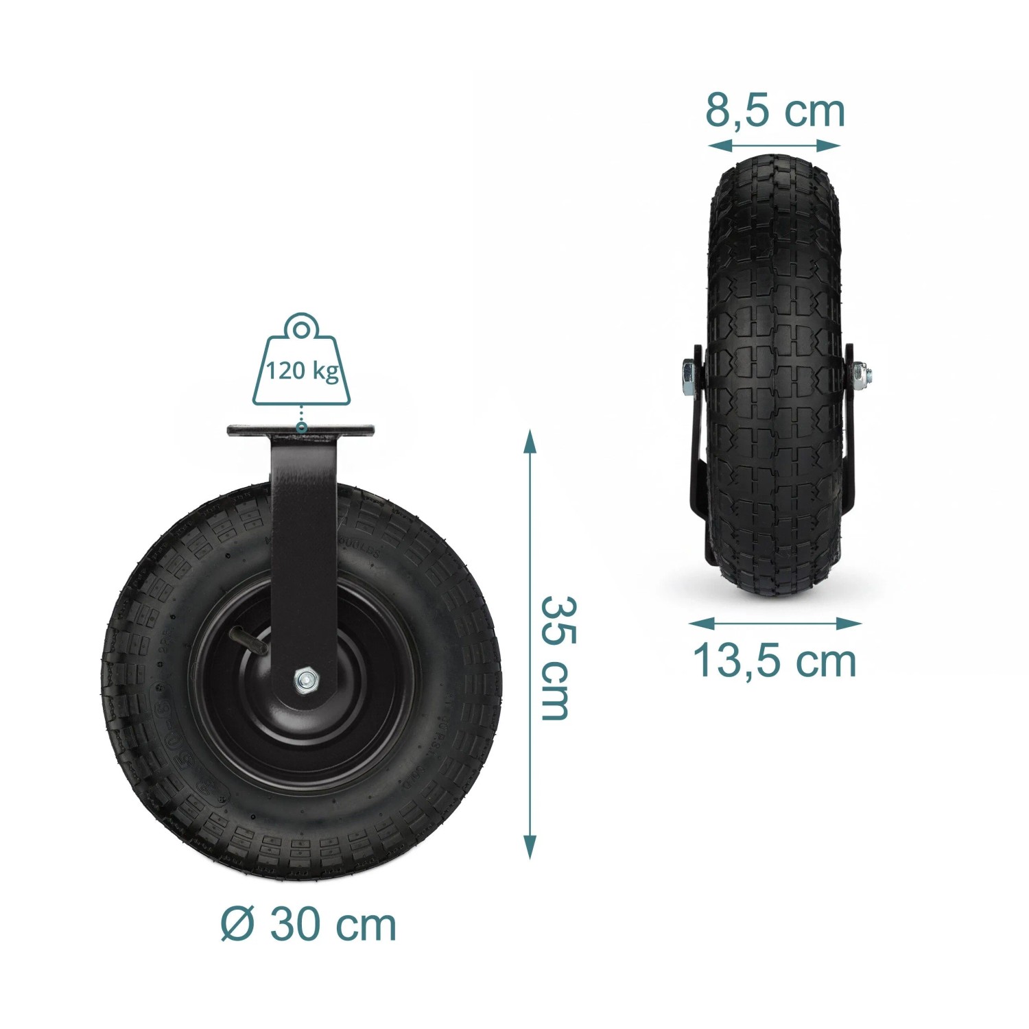 Schwarze luftbereifte Bockrolle aus Stahl und Gummi, 35 cm hoch, 120 kg Traglast, für schwere Lasten.