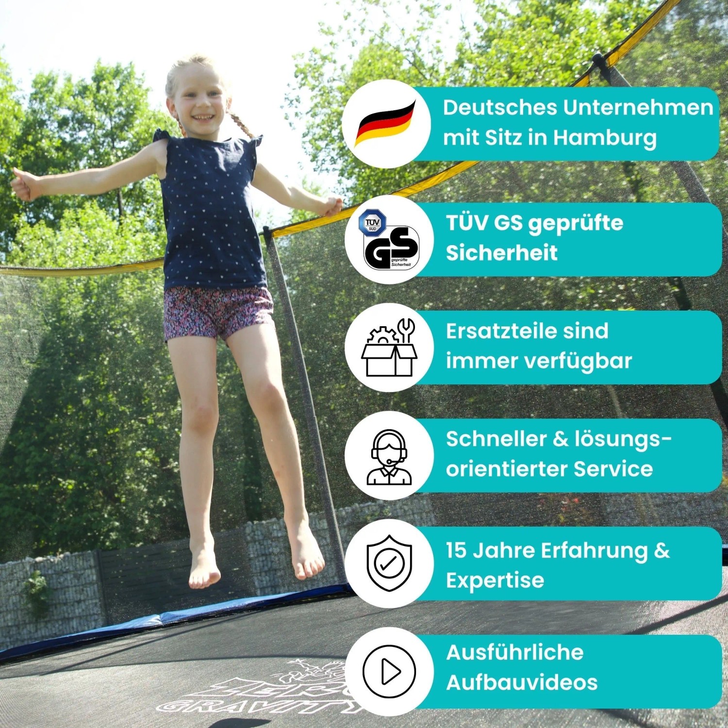 Mädchen springt auf Zero Gravity Gartentrampolin 244cm mit Sicherheitsnetz und Leiter.