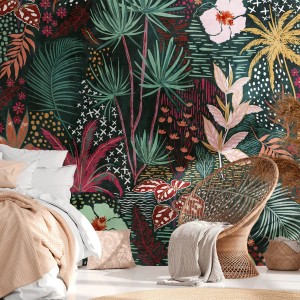 PROFHOME Fototapete Dschungel (Grün, Rot, Gelb, Weiß): Matte Vliestapete mit exotischem Palmen- und Blumenmuster.