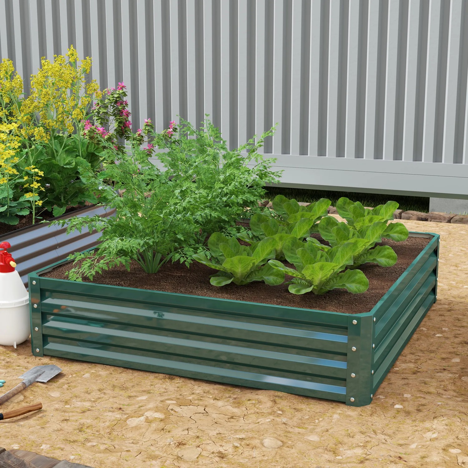 Outsunny Garten-Bett aus verzinktem Stahl, 120x120x30cm, bepflanzt mit Gemüse und Blumen.