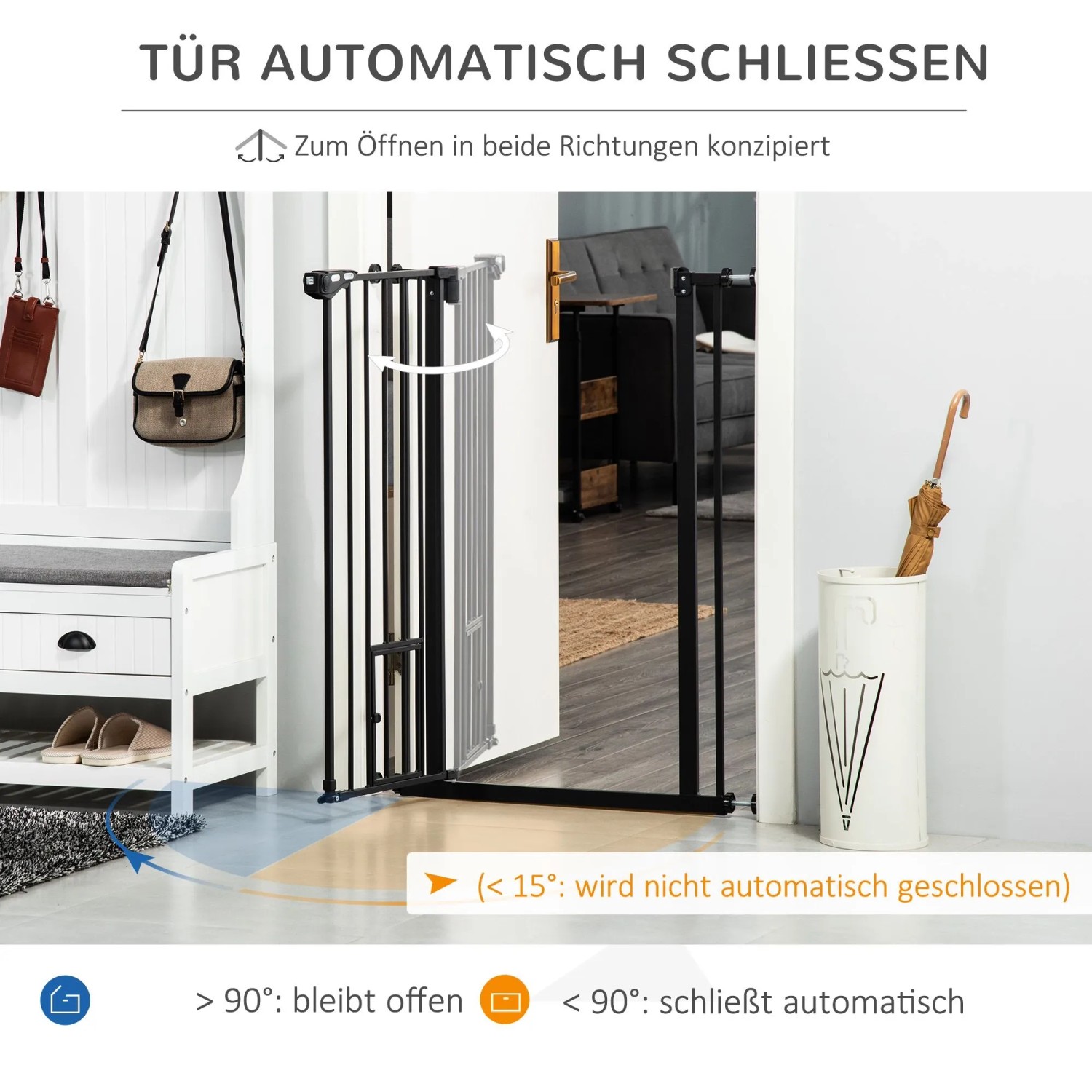 PawHut Türschutzgitter mit Schließautomatik, offen im Flur. Zeigt die automatische Schließfunktion und Katzenklappe.