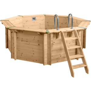 Holzpool Set Java Ø 3,55 m mit Leiter und Edelstahl-Einstiegshilfe. Acht-eckiger Pool aus Kiefernholz.