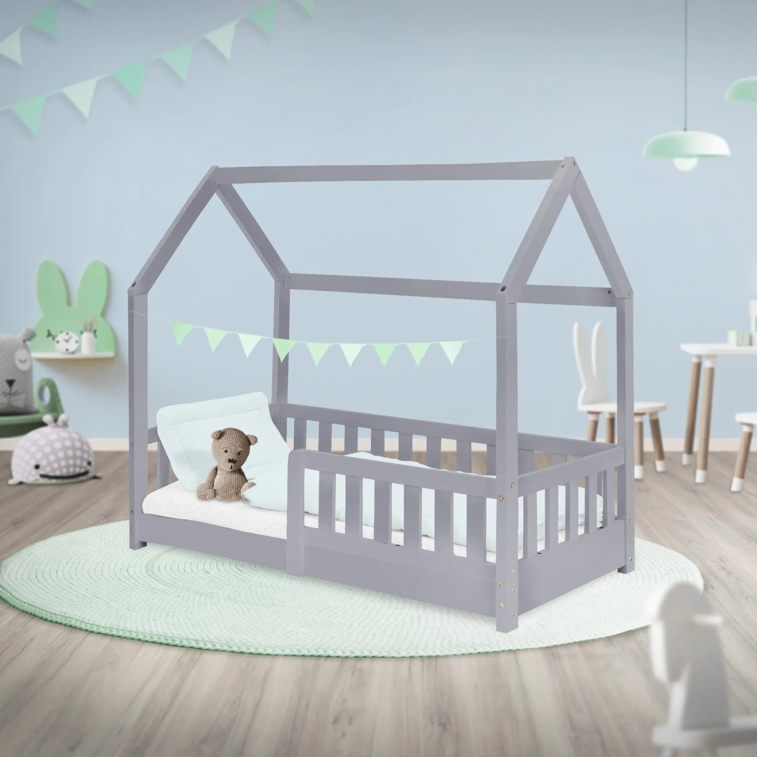 ML-Design Kinderbett 70x140 cm in Hellgrau mit Rausfallschutz und Lattenrost.