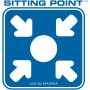 Sitting Point Logo für Sitzsäcke, blaues Quadrat mit Pfeilen und Kreis.