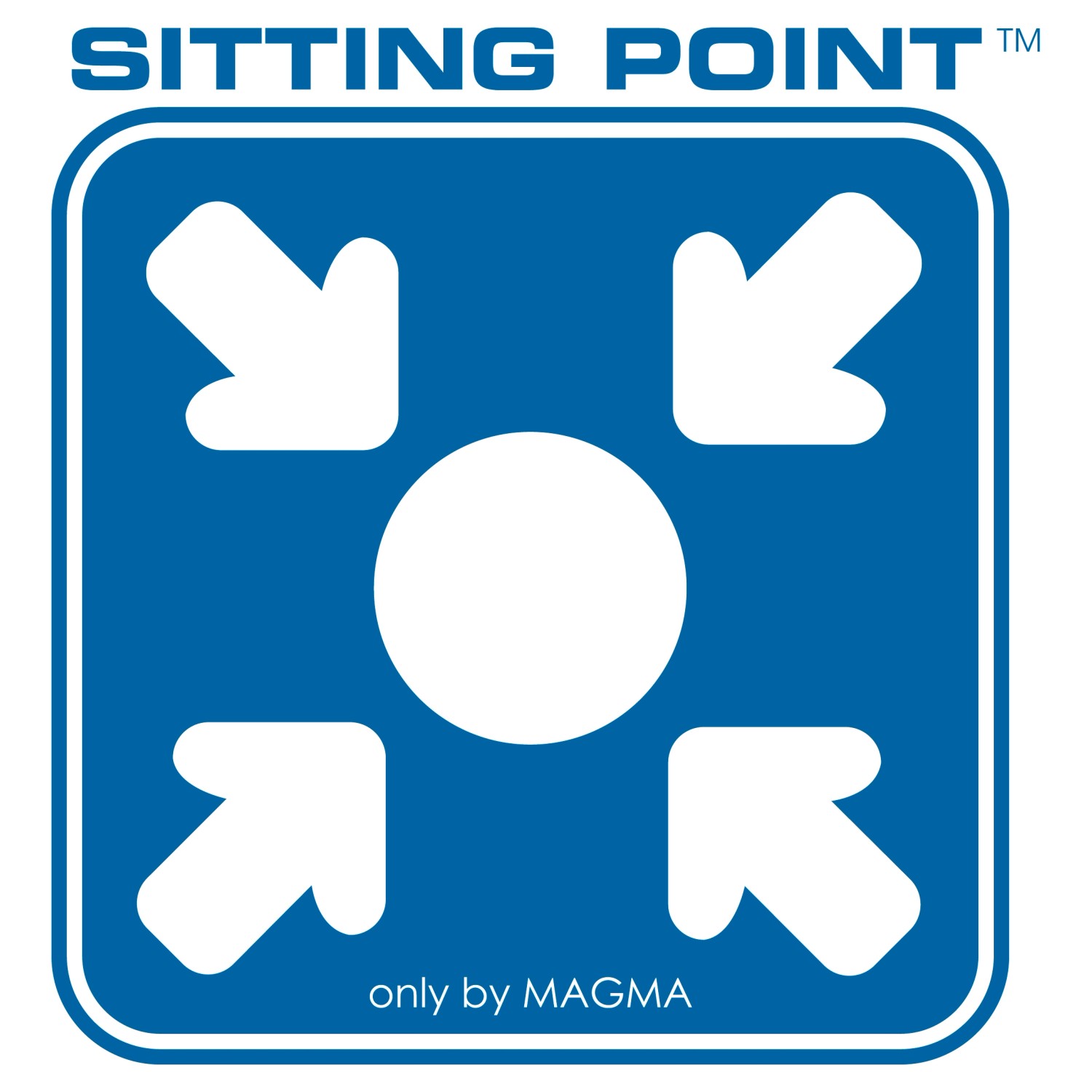Sitting Point Logo für Sitzsäcke, blaues Quadrat mit Pfeilen und Kreis.