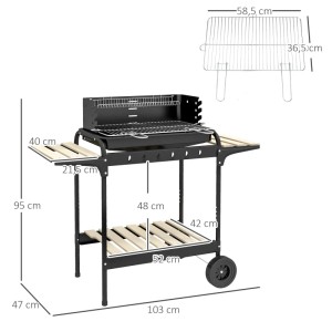 Outsunny Holzkohlegrill mit verstellbarem Grillrost, Ablagen aus Kiefernholz und Rollen. Abmessungen sind eingezeichnet.