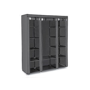 Grauer Songmics Kleiderschrank (150x45x175cm) mit Regalen und Kleiderstange.