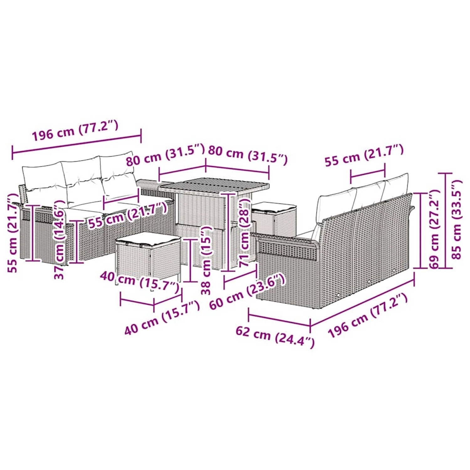 vidaXL Gartenmöbel-Set, 9-teilig, schwarzes Poly-Rattan, mit Sofa, Sesseln, Hockern und Tisch. Ideal für Terrasse und Garten.