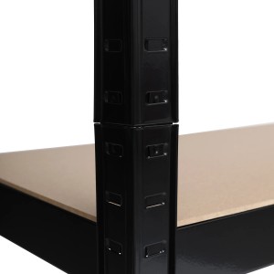 Detailaufnahme: Schwarzes Schwerlastregal mit MDF-Böden und Stecksystem.
