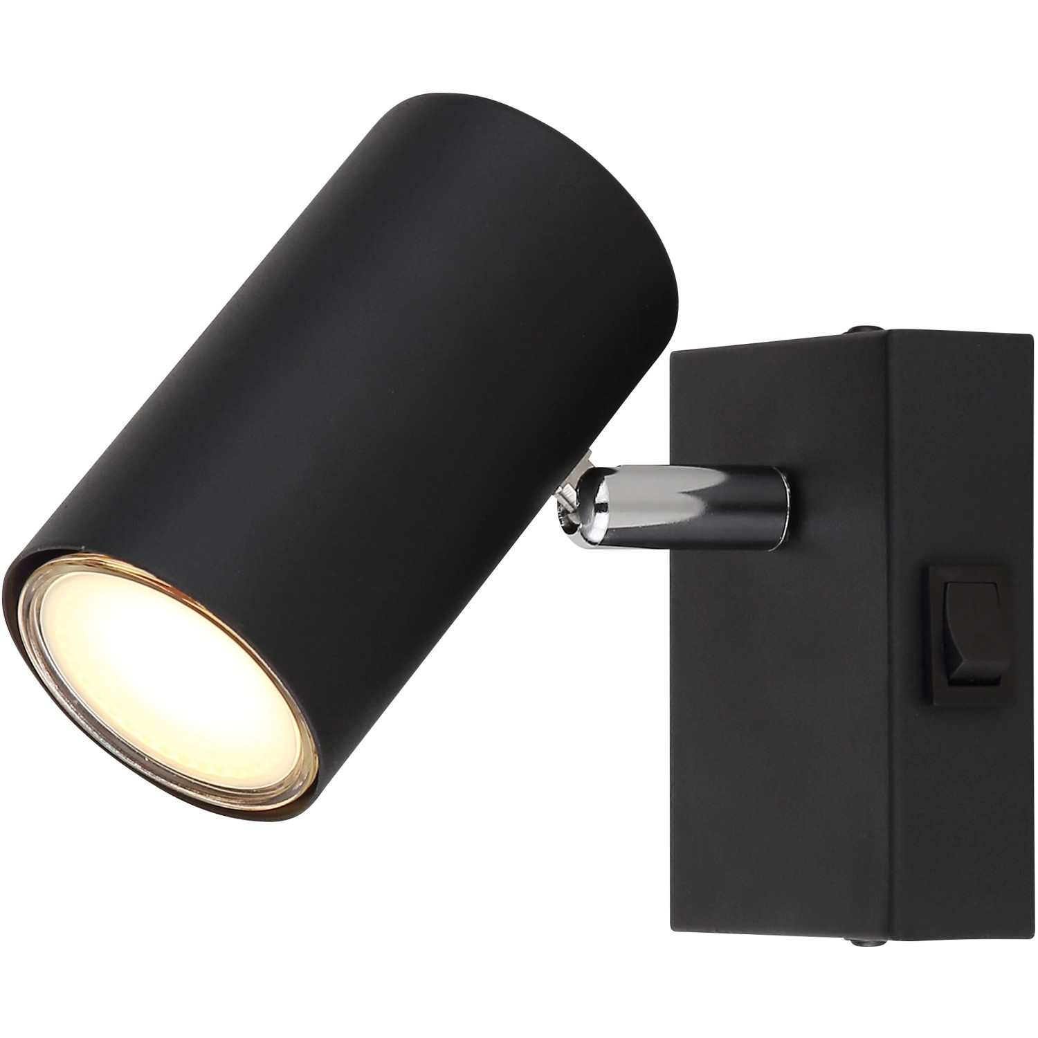 Schwarzer Globo Strahler Robby, 1-flammig, mit Wippschalter für die Wandmontage.