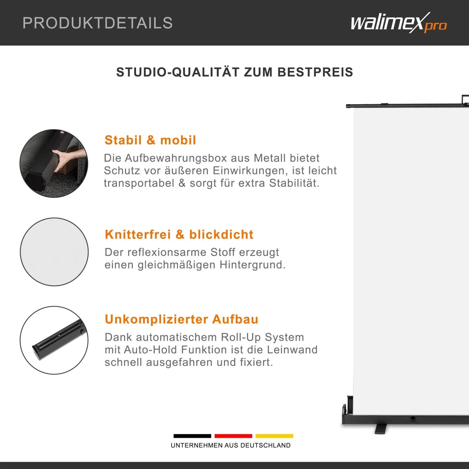 Walimex Pro Roll-Up Fotohintergrund weiß (155x200cm) mit schwarzem Standfuß. Stabil, mobil, knitterfrei, einfacher Aufbau.