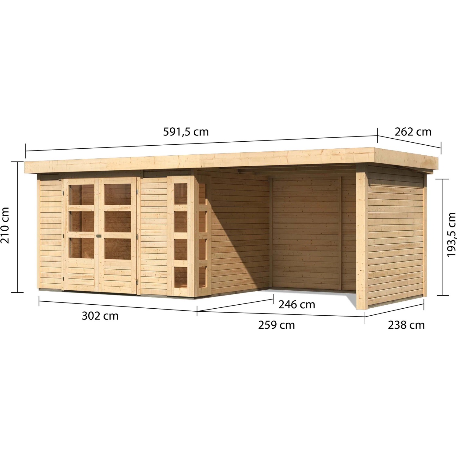 Karibu Holz-Gartenhaus Sölve, naturbelassen, mit Flachdach und Anbau, Maße: 298x242cm.