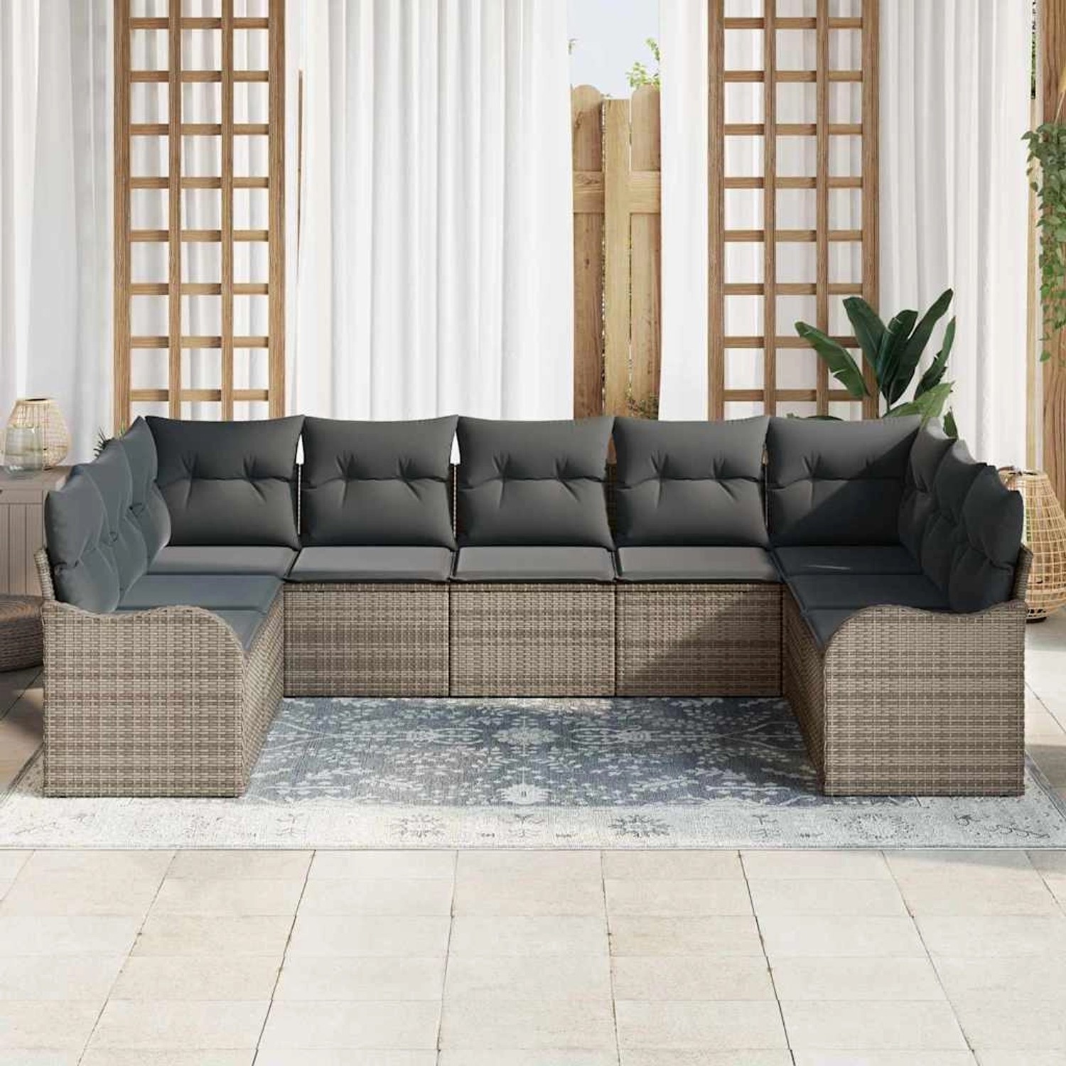 Graues 9-teiliges vidaXL Garten-Sofa-Set aus Poly Rattan mit Kissen.