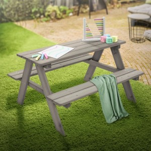 Graue Kindersitzgarnitur von ML-Design für Draußen mit 2 Bänken und Tisch. Gartenmöbel für Kinder.