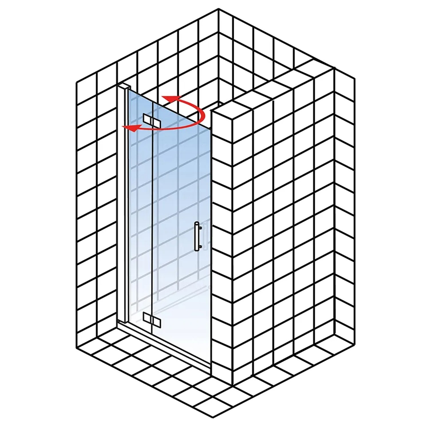 Schulte MasterClass Drehtür mit Nebenteil in Chromoptik für Nische, Drehrichtung durch Pfeile angedeutet.