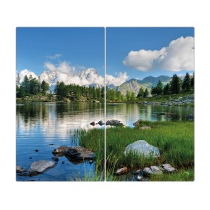 Banjado 2-teilige Glas Herdabdeckung mit Gebirgssee-Motiv, je 30x52cm, auch als Schneidebrett nutzbar.