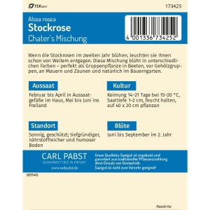 Pabst Keimkraft Stockrosen Chater's Mischung Saatgut Packung mit Infos zu Aussaat, Standort und Blütezeit.