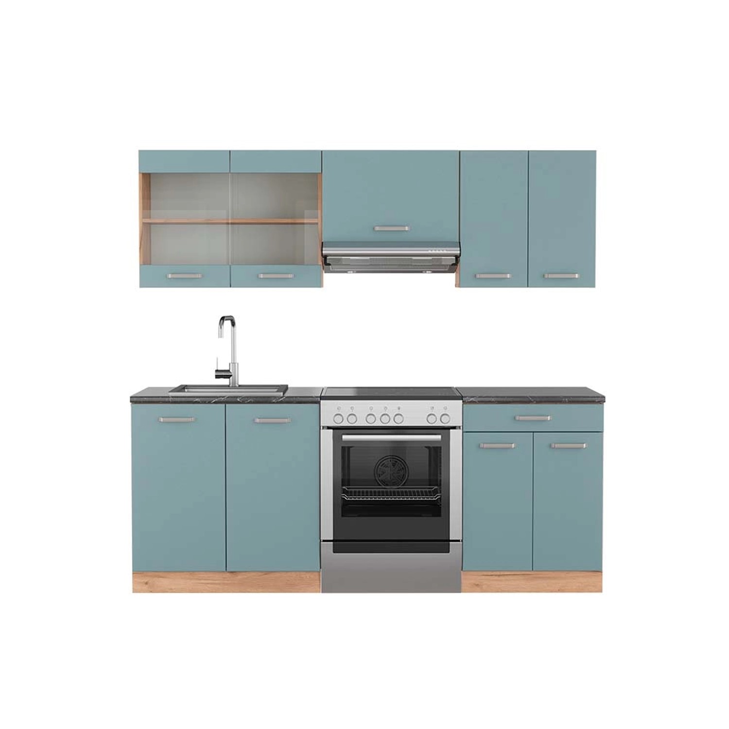 Vicco R-Line Küchenzeile Blau-Grau/Goldkraft Eiche 200 cm AP Anthrazit günstig online kaufen