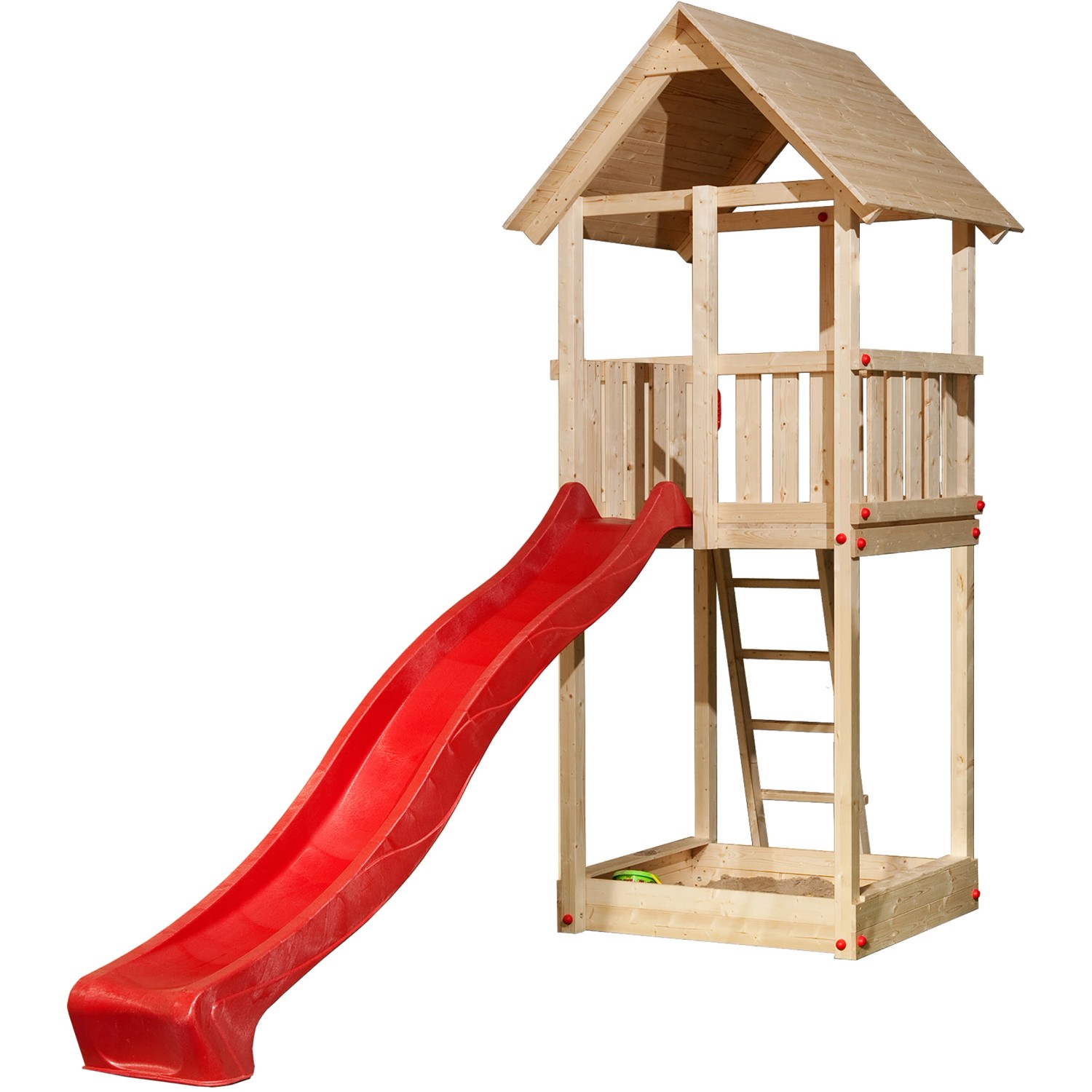 Tabaluga Drachenturm Spielturm mit roter Rutsche und Sandkasten aus naturbelassenem Holz.