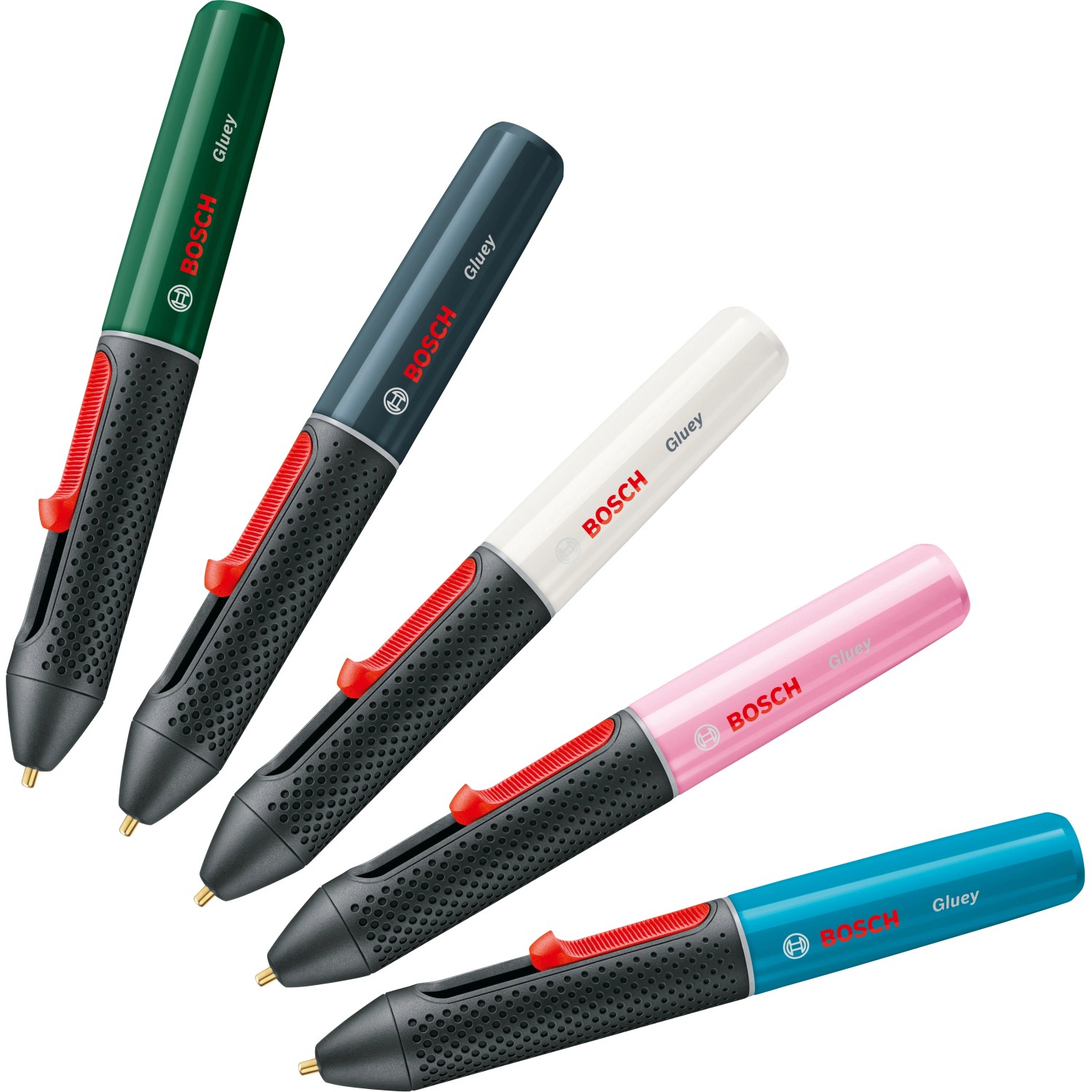 Bosch Gluey Heißklebestifte in verschiedenen Farben: Lagoon Blue, Grün, Weiß, Pink und Grau.