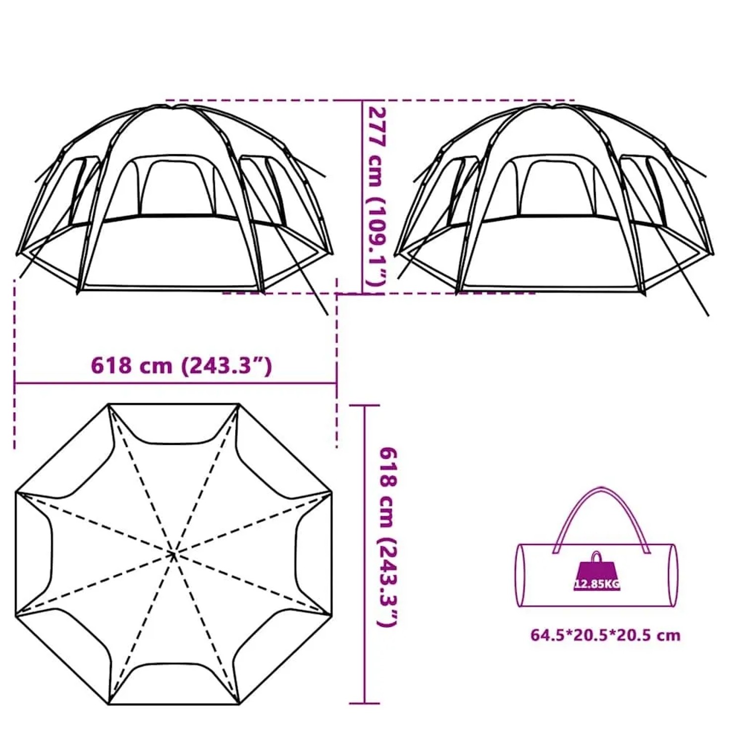 Maße des vidaXL Partyzelts: 618x618x277 cm, Packmaß 64,5x20,5x20,5 cm und Gewicht 12,85 kg.
