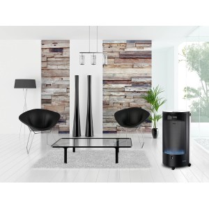 Weißer Rowi Gas-Heizofen Blue Flame Pure 4,2 kW mit blauer Flamme und Rollen.