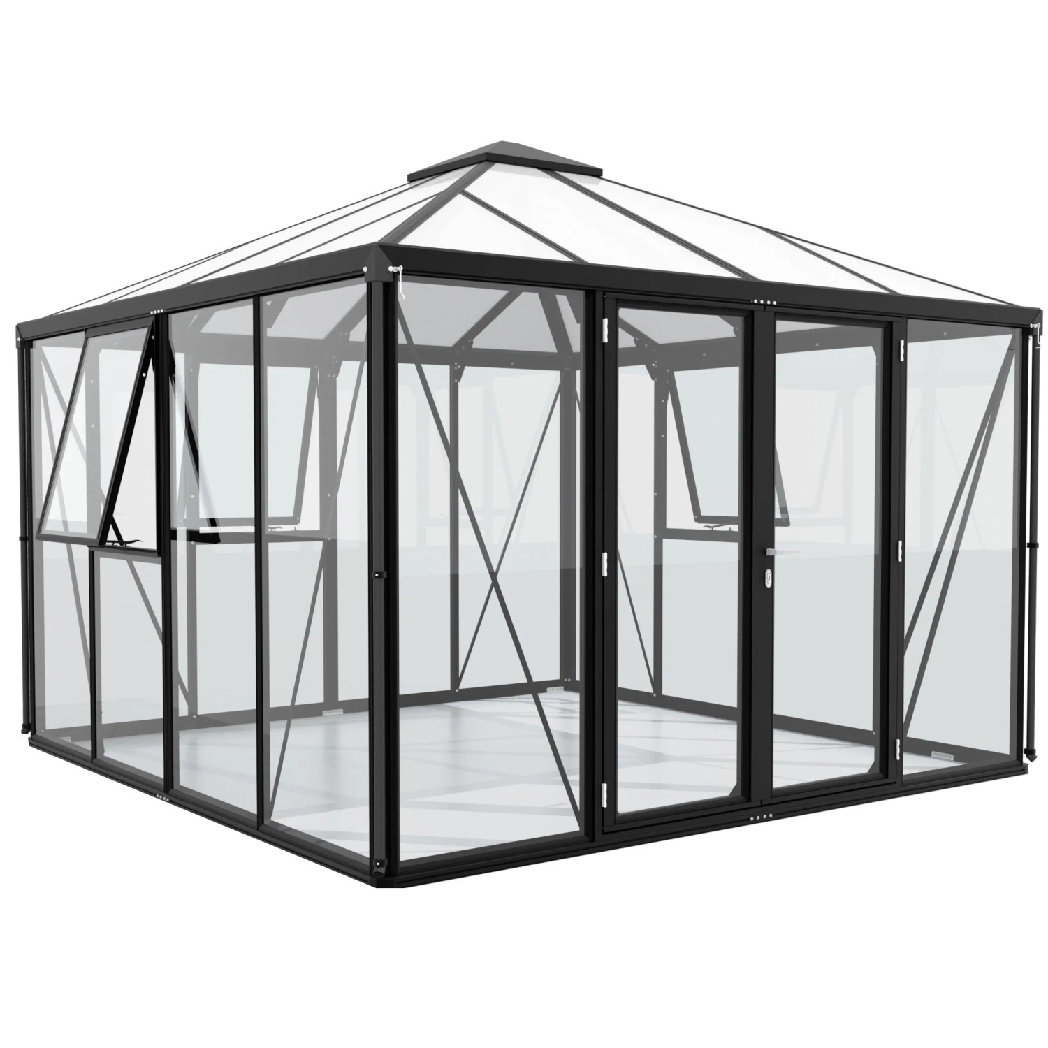 Vitavia Gewächshaus Fortuna Jack Roof, schwarz, mit ESG-Glas und HKP-Dach. Formschönes Design mit Doppelflügeltür.