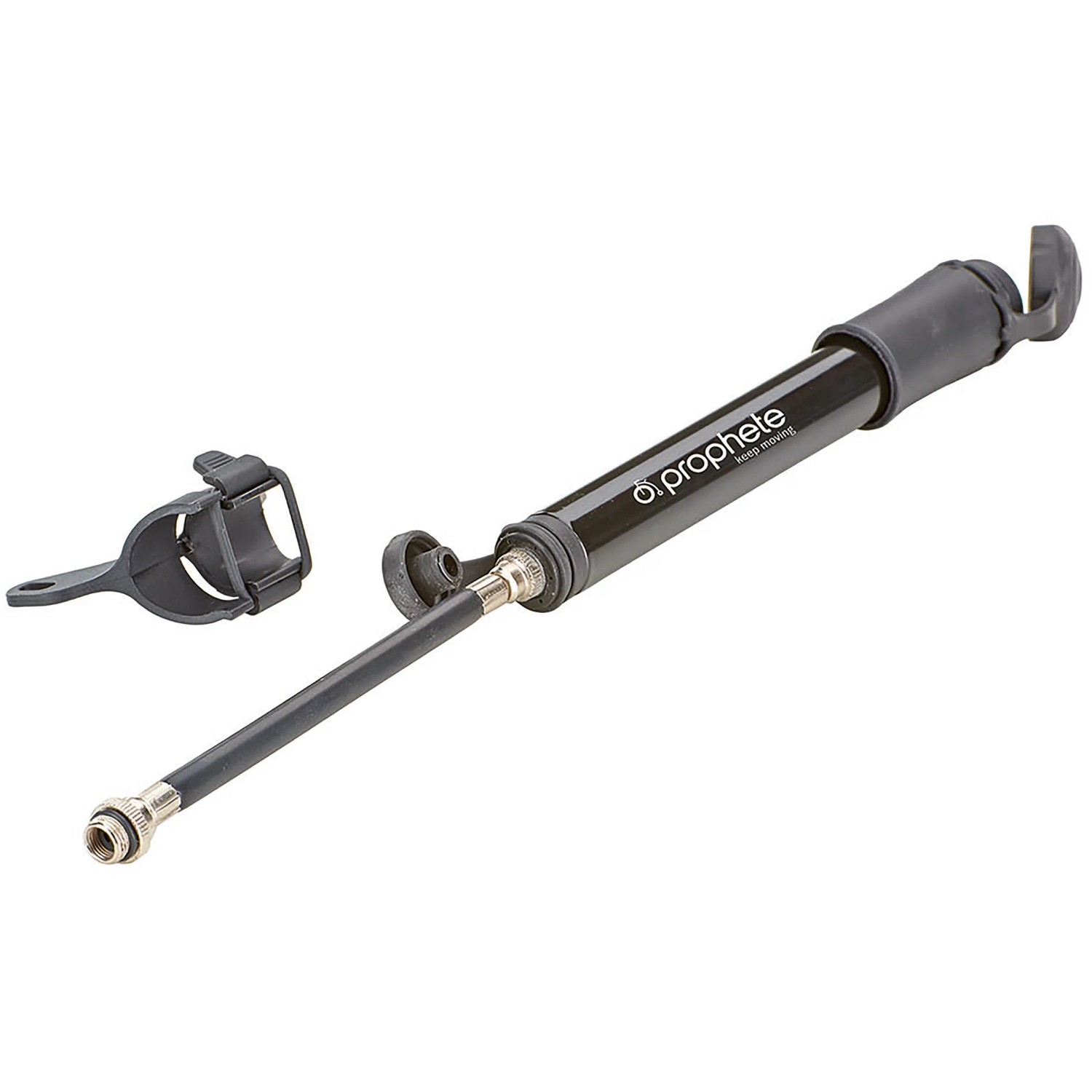 Prophete Mini-Luftpumpe, 190mm, mit Halterung und Schlauchfach für Fahrradreifen.