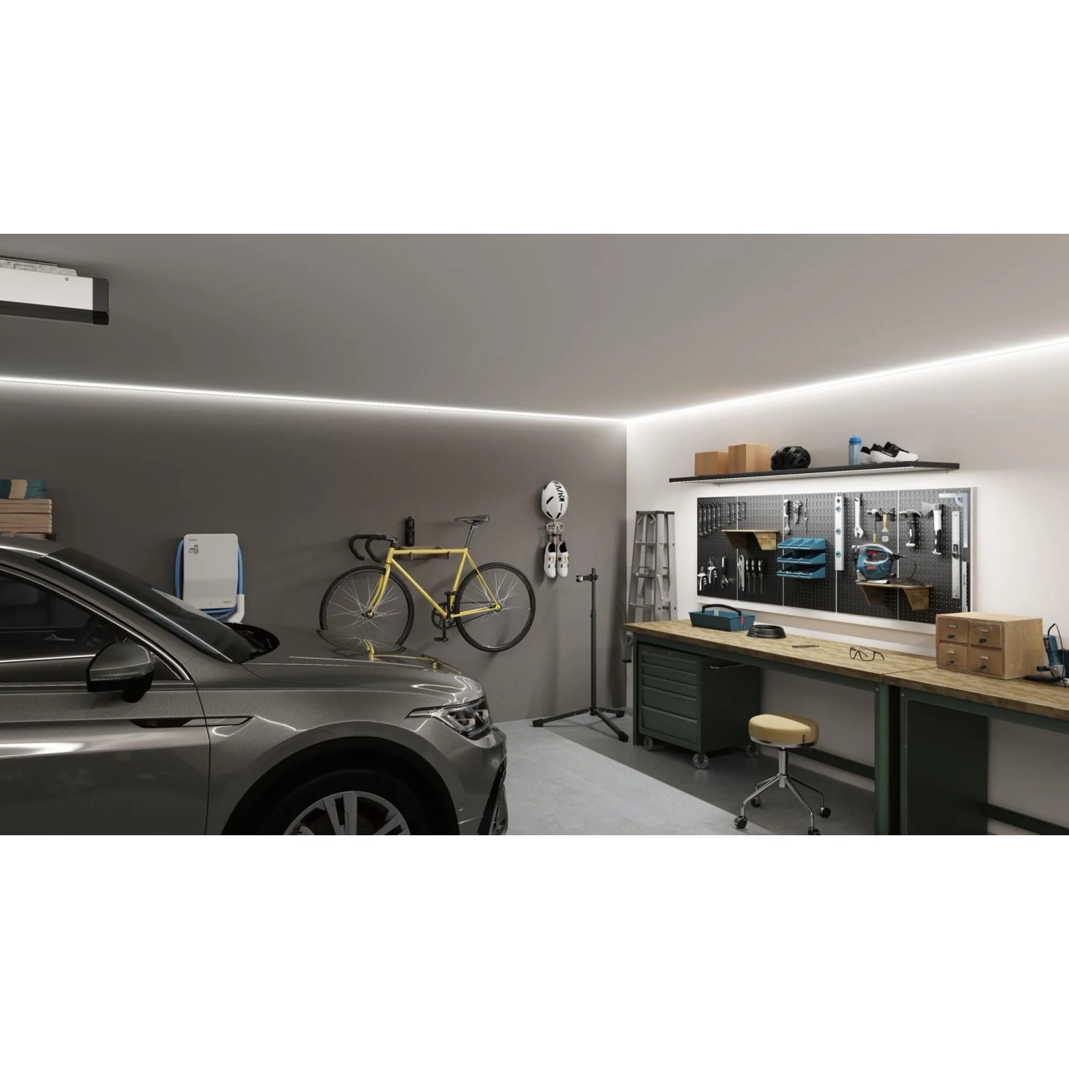 Paulmann LED-Strip-Basisset MaxLED 1000 Neutralweiß 5m beleuchtet moderne Garage mit Auto und Werkbank. Helles, funktionales Licht.