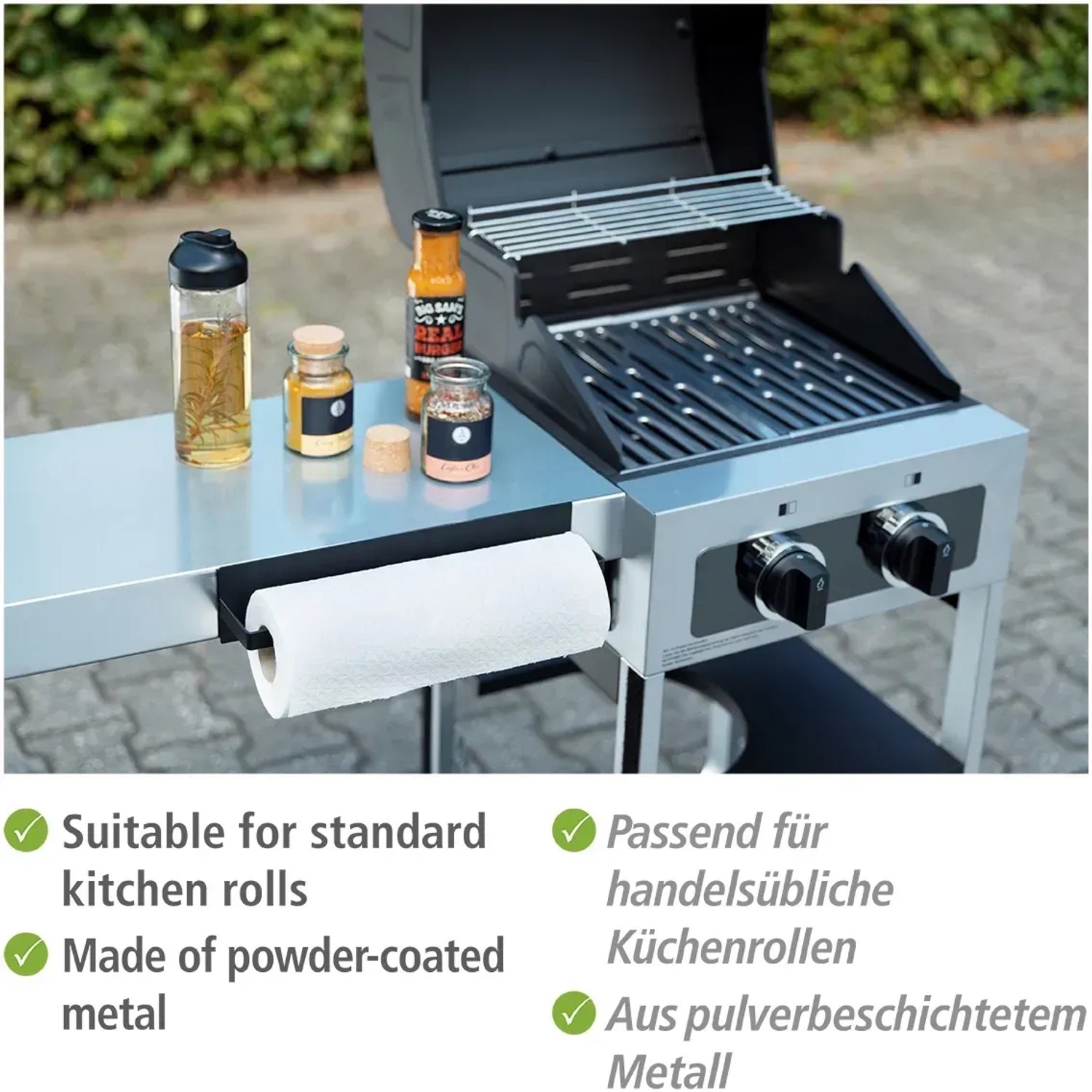 Wenko Küchenrollenhalter Ima, magnetisch, schwarz, am Grill befestigt. Praktisches Grillutensil für Küchenrollen.