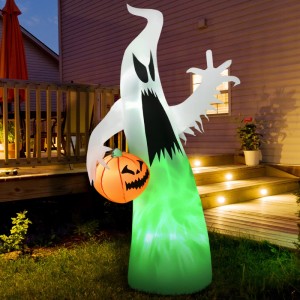 Großes, selbst aufblasbares HOMCOM Spuk Gespenst mit grün leuchtendem Körper und Kürbis für Halloween-Deko im Garten.