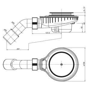Technische Zeichnung der TRINNITY Duschwannen-Ablaufgarnitur TRAGD90 mit Siphon für flache Duschwannen, 80mm Bauhöhe.
