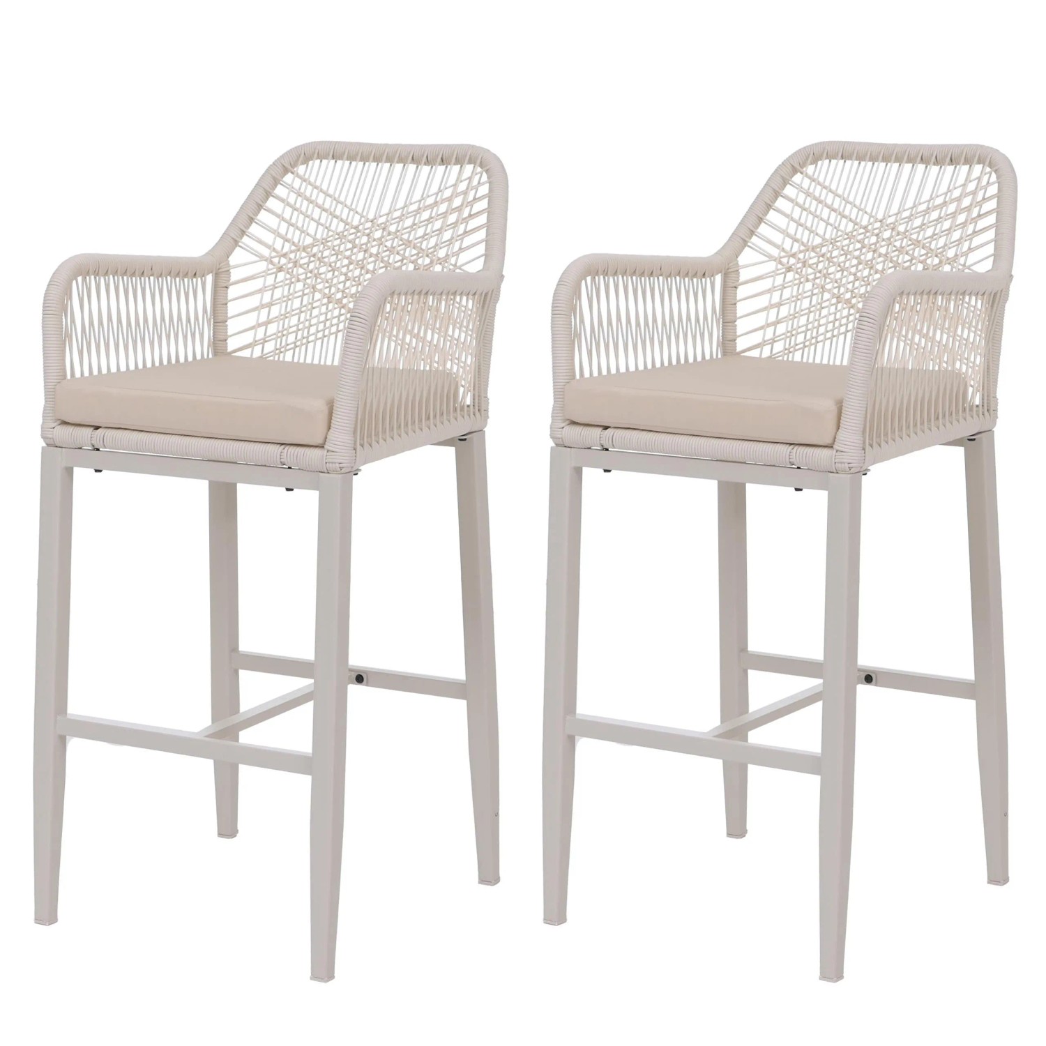 MCW 2er-Set Rope-Barhocker P91 Sitzpolster Seilgeflecht Metall Creme