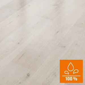 Heller, wasserfester Classen Laminatboden in Eiche Grau Mix Optik.