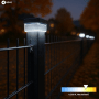 Solar Zaunleuchte 60x60 LED auf dunklem Doppelstabmattenzaun-Pfosten bei Nacht, neutralweißes Licht.