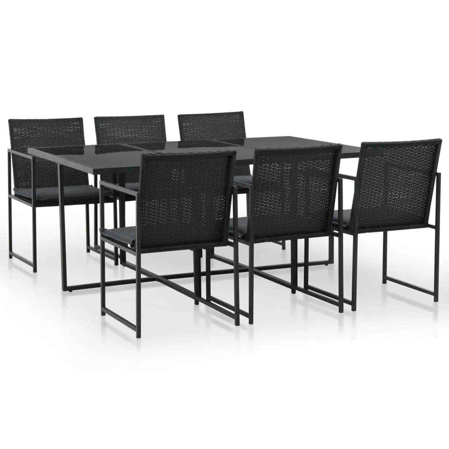Schwarze 7-tlg. vidaXL Garten-Essgruppe mit Auflagen aus Poly Rattan.