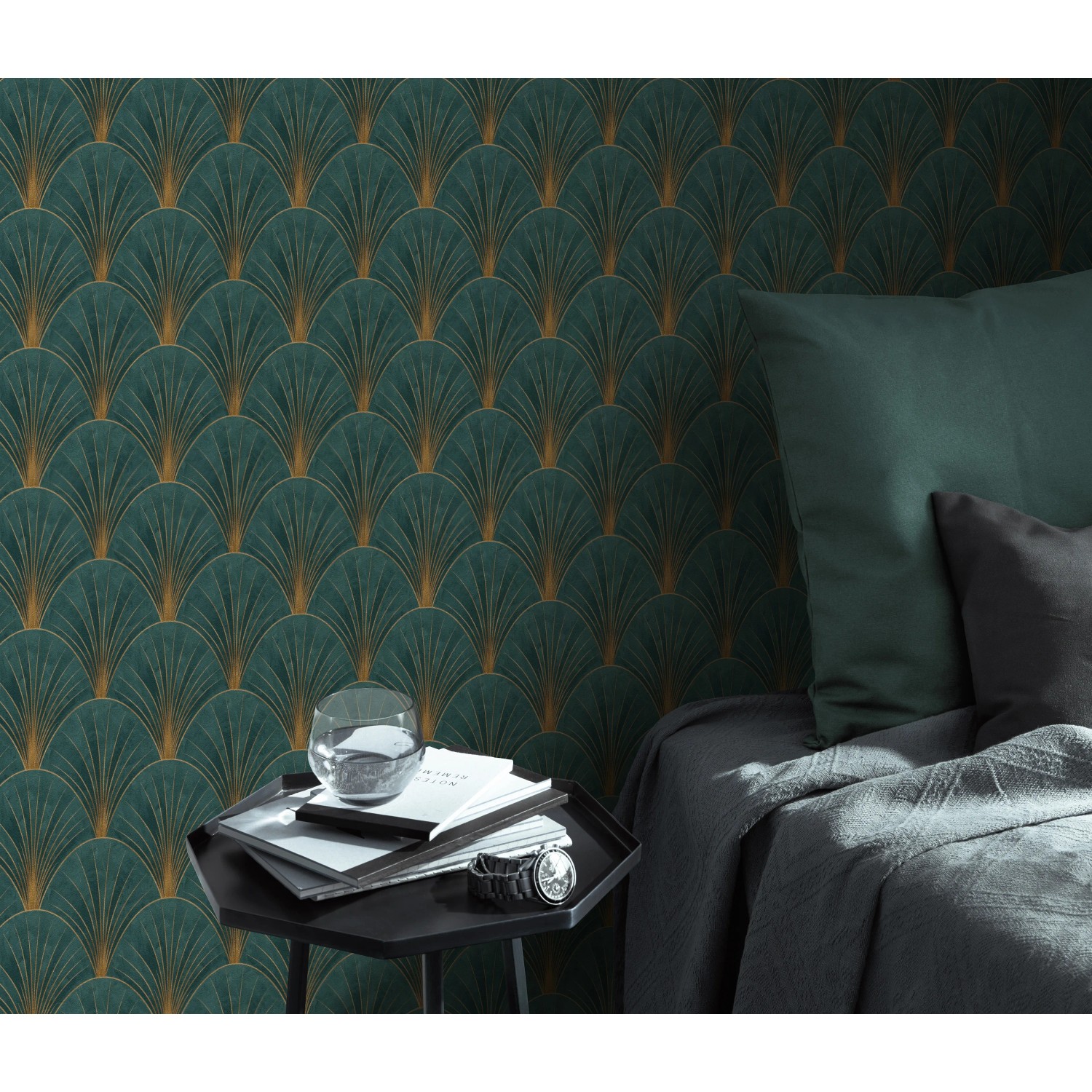 Erismann Vliestapete Elle Decoration 4 Avantgarde Petrol mit Art Deco Fächer-Muster.
