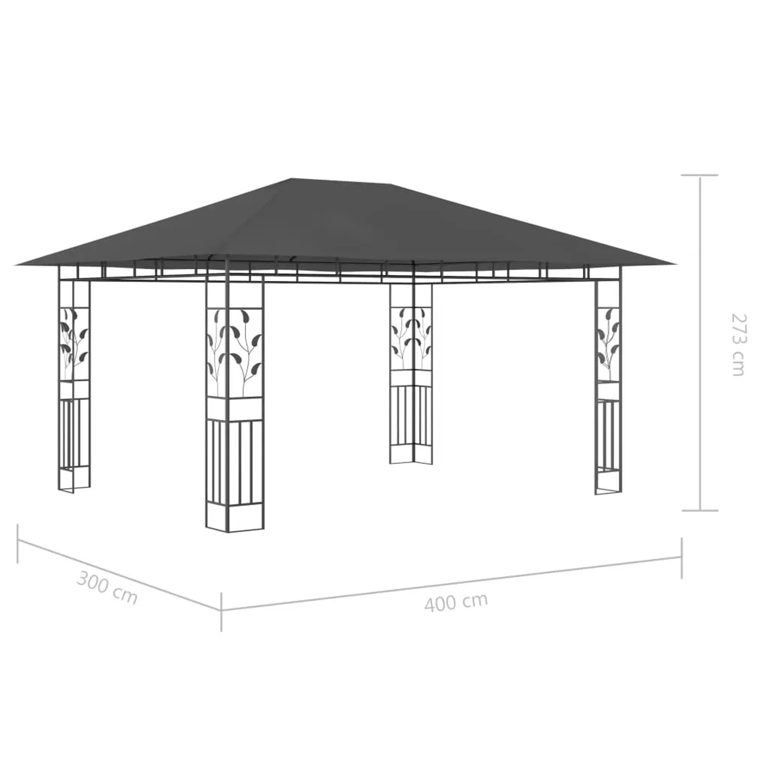 Anthrazitfarbener vidaXL Pavillon 4x3m mit Moskitonetz und LED-Lichterkette für Garten & Terrasse.