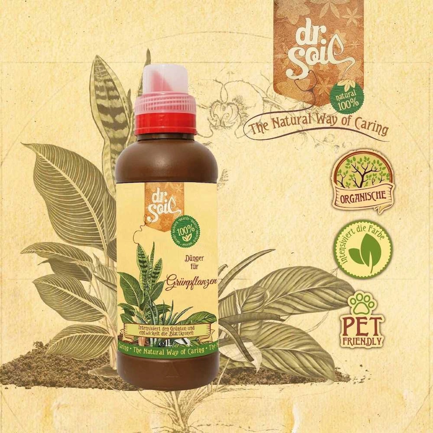 Dr.Soil Bio-Flüssigdünger für Grünpflanzen, stimuliert Wachstum und Farbe.