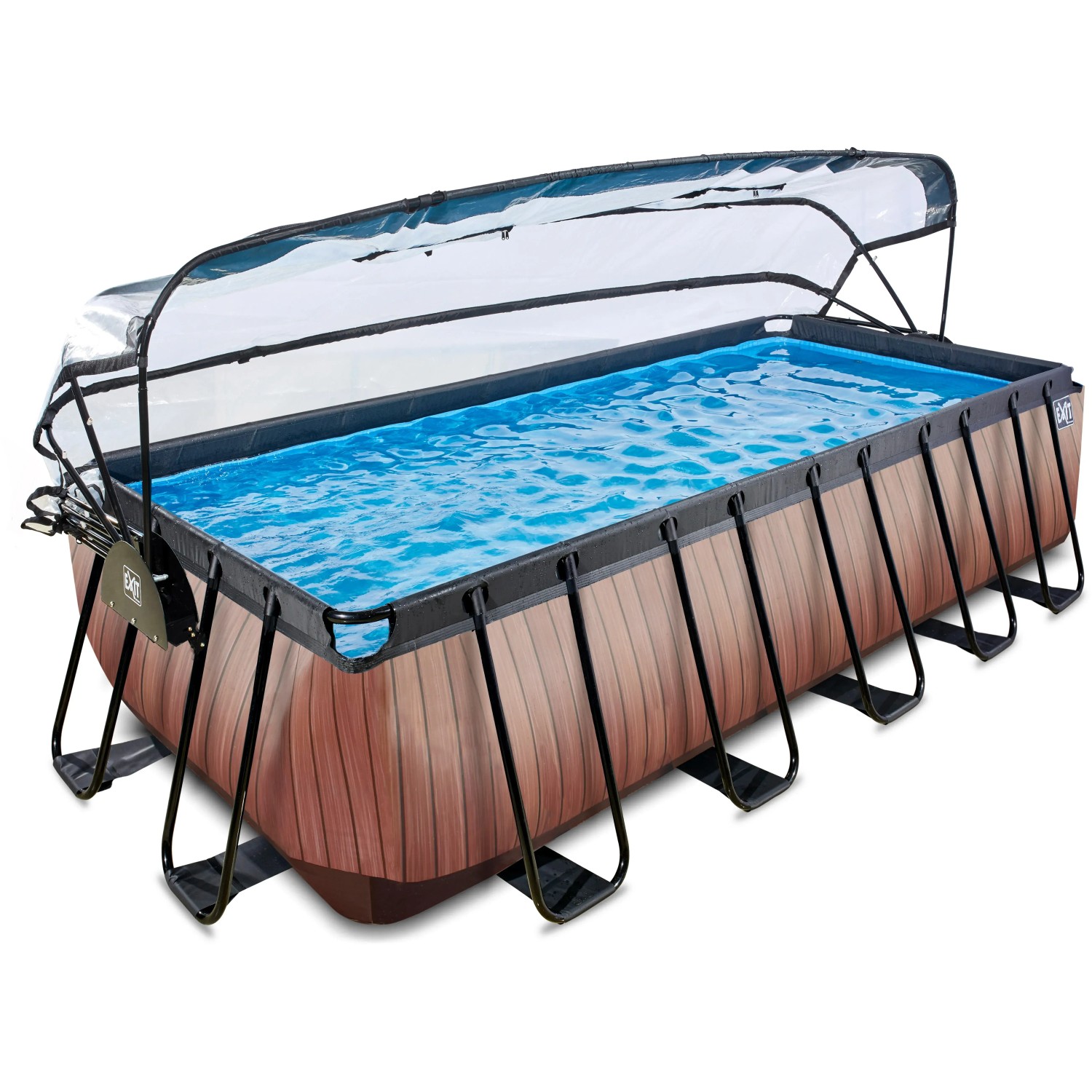 Rechteckiger EXIT Wood Pool 540x250x122cm in Braun mit Abdeckung und Sandfilterpumpe.