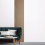AS-Creation 3D-Panel Pop up Tapete in Beige-Braun mit Holzpaneel-Optik an weißer Wand.