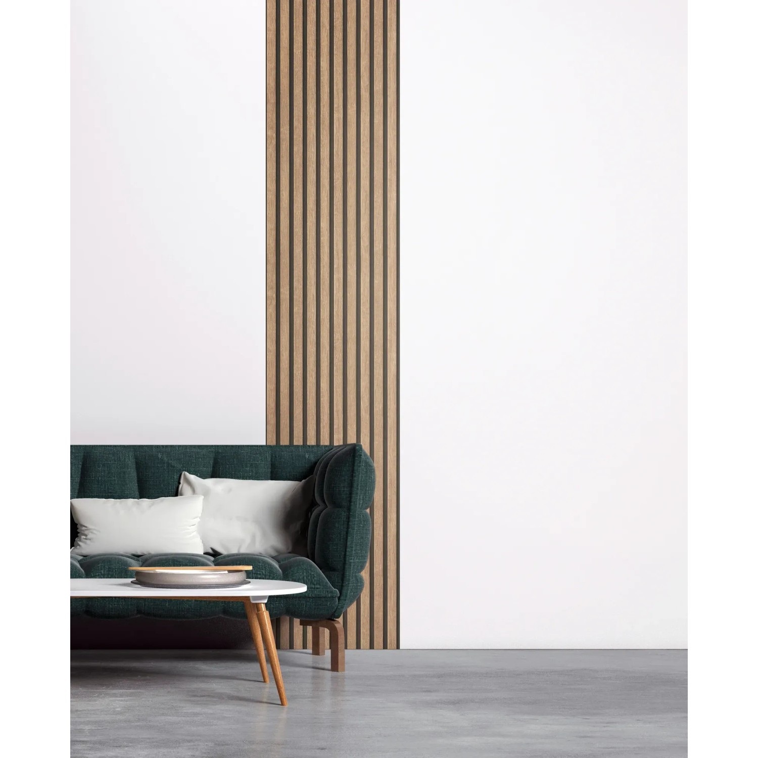 AS-Creation 3D-Panel Pop up Tapete in Beige-Braun mit Holzpaneel-Optik an weißer Wand.