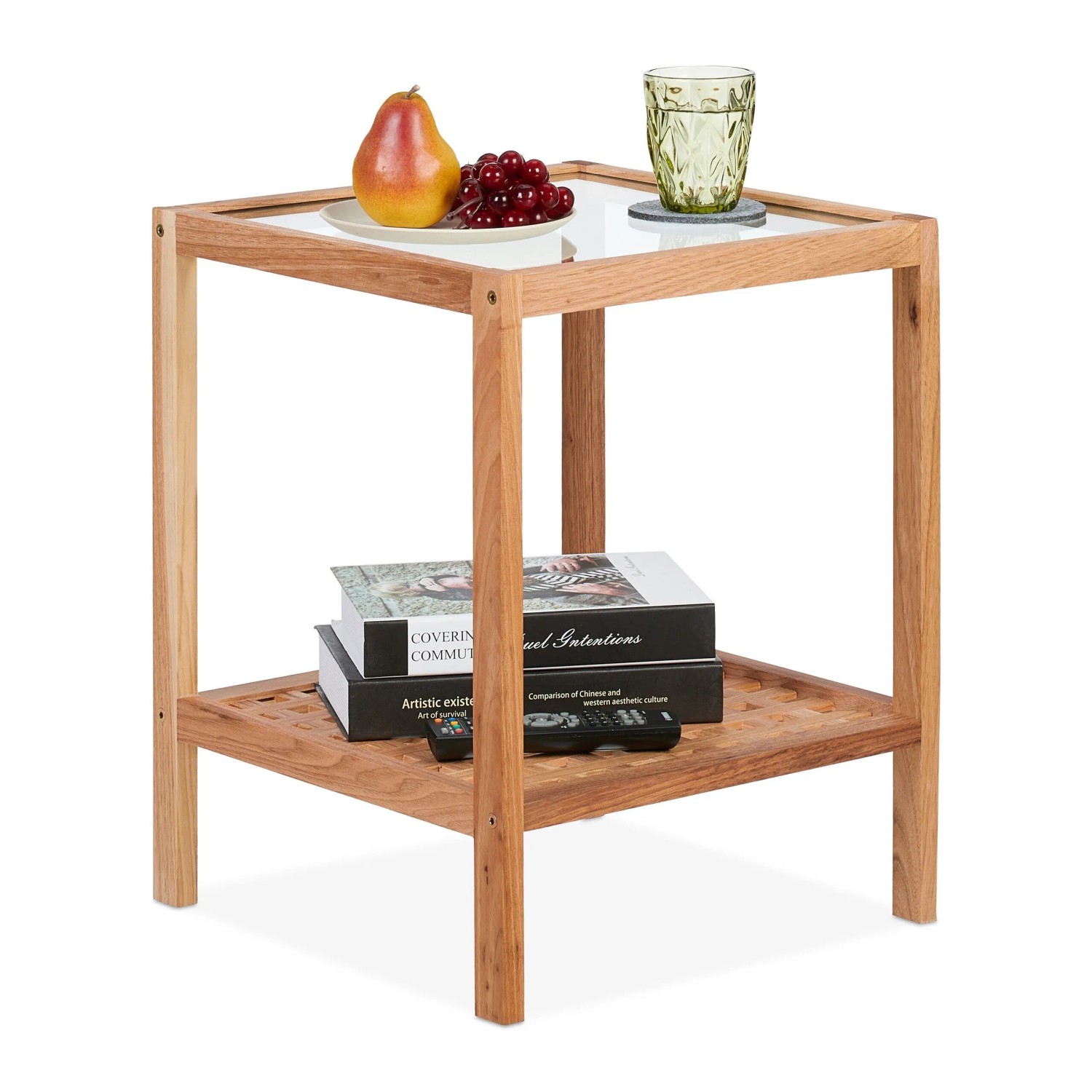 Relaxdays Beistelltisch Walnussholz Natur Mit Glasablage 50 cm x 40 cm x 40 cm 3,5 kg