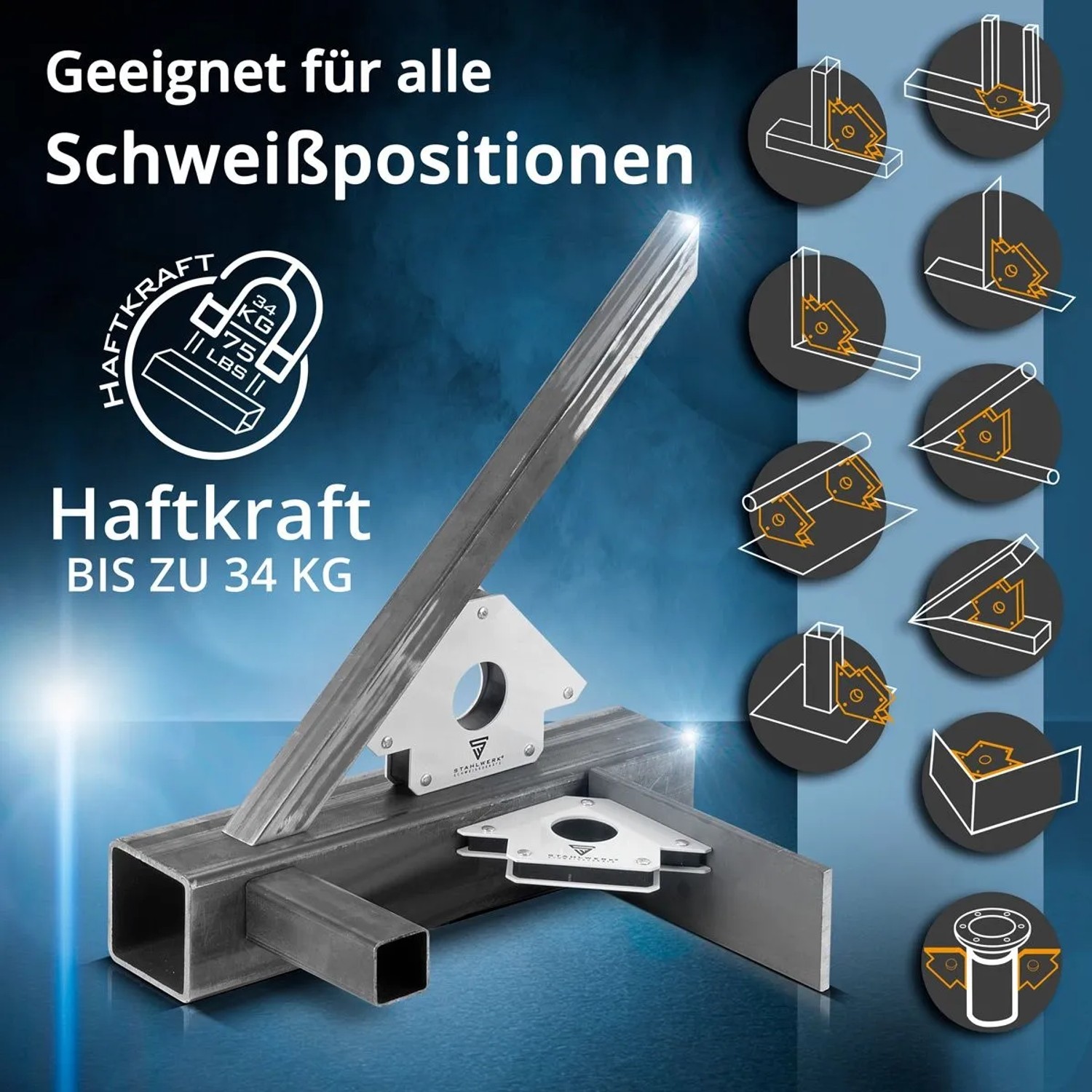 STAHLWERK Magnet-Schweißwinkel Set hält Metallprofile. Ideal für Schweißen, 34 kg Haftkraft, 45°, 90°, 135° Winkel. Schweißzubehör.