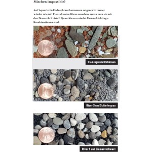 Dennerle Aquarienkies Kristall-Quarzkies Schiefergrau, verschiedene Körnungen im Vergleich.